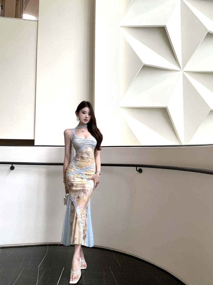 Lace commuting splice long lady gauze sling dress