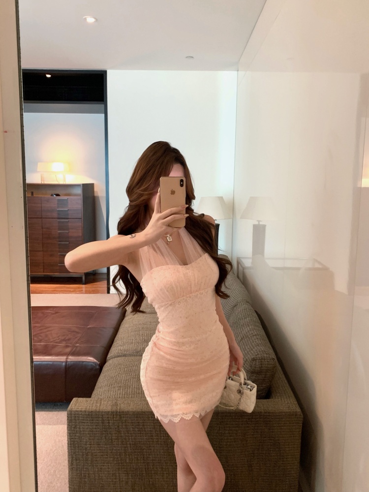 Rhinestone lace short spicegirl gauze slim halter dress
