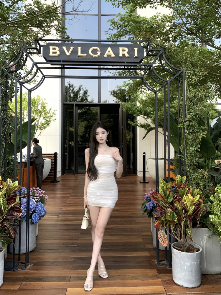 Gauze splice wrapped chest spicegirl short slim dress