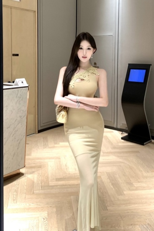 Lady pure sloping shoulder gauze splice long dress