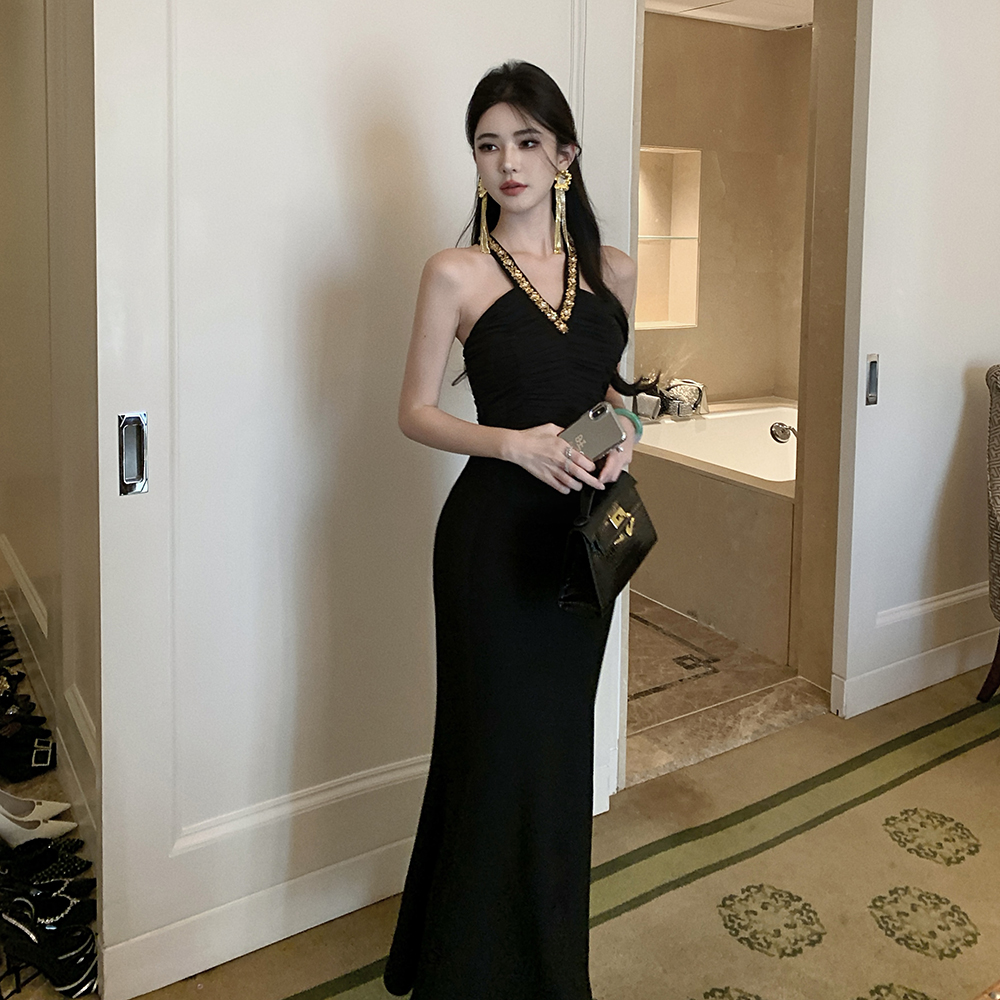 Slim sequins light luxury dress long V-neck formal dress