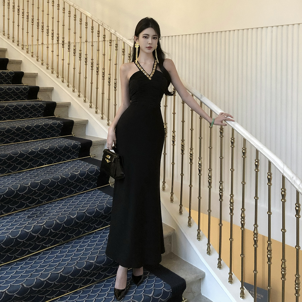 Slim sequins light luxury dress long V-neck formal dress