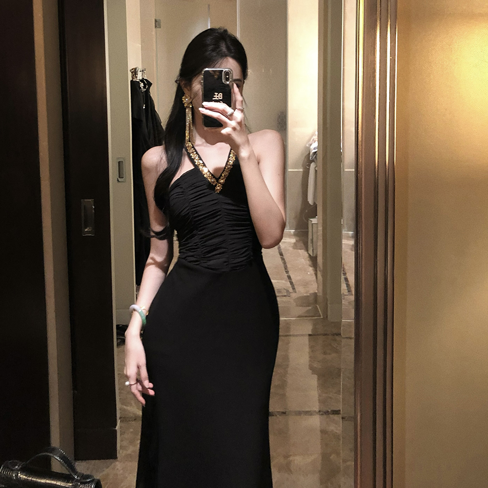 Slim sequins light luxury dress long V-neck formal dress