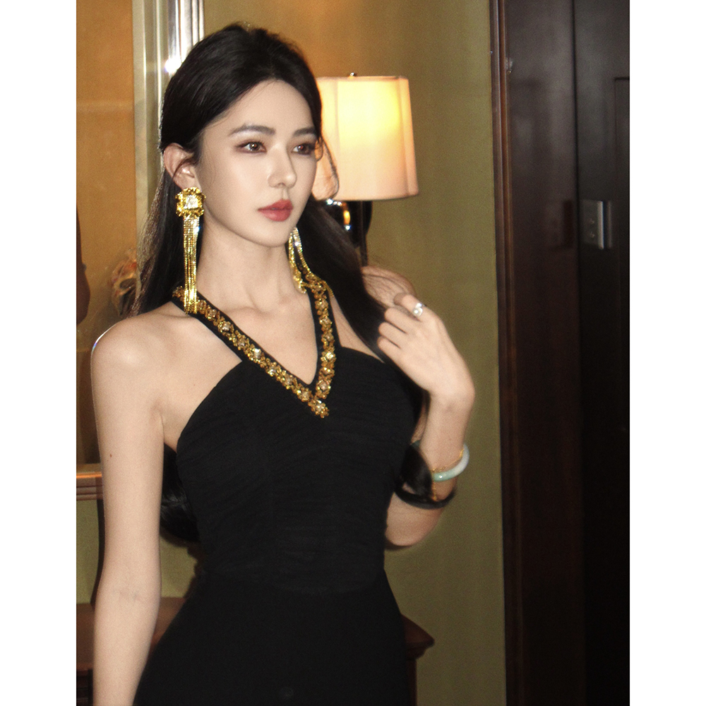 Slim sequins light luxury dress long V-neck formal dress