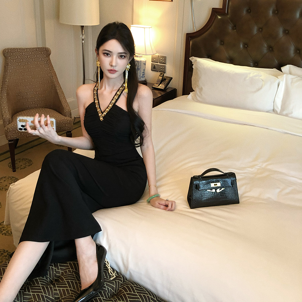 Slim sequins light luxury dress long V-neck formal dress