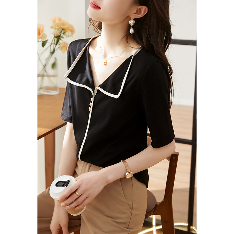 Temperament slim simple sweater pure lapel summer tops