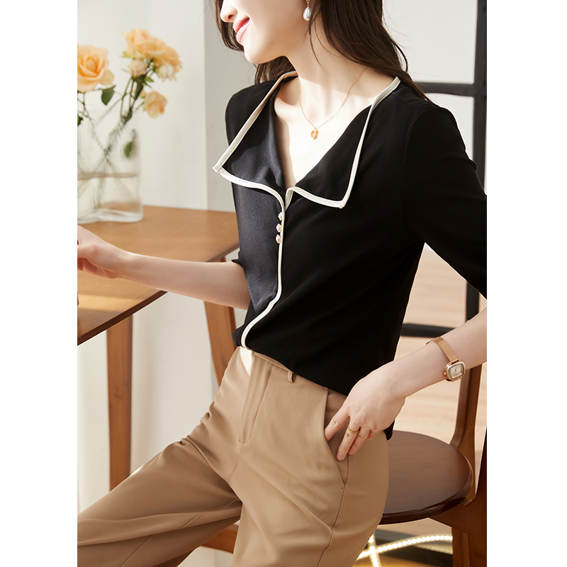 Temperament slim simple sweater pure lapel summer tops