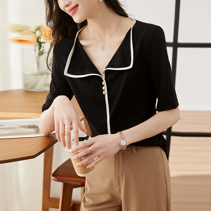 Temperament slim simple sweater pure lapel summer tops