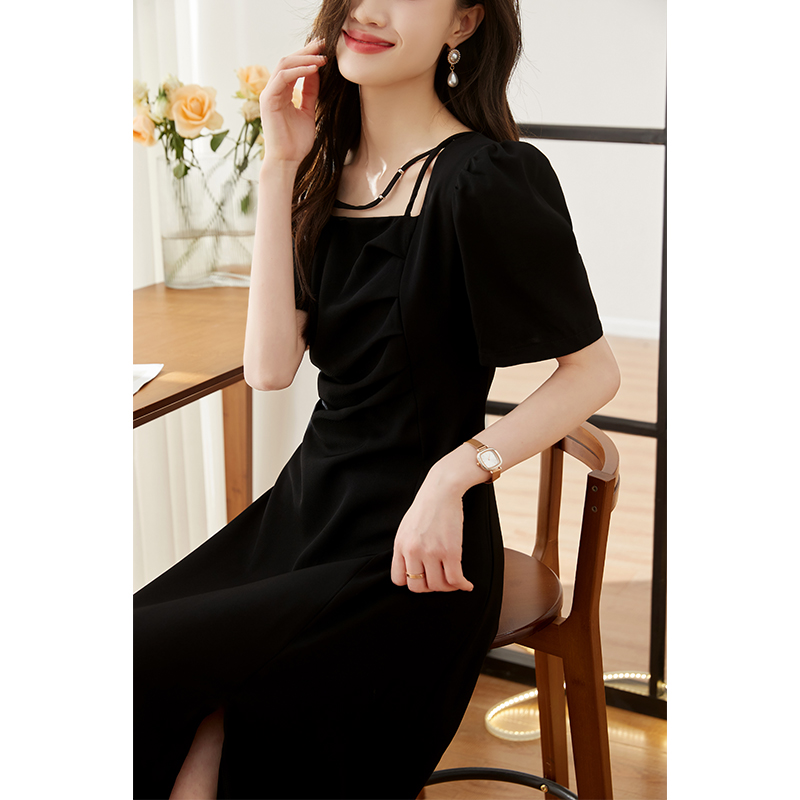 Split A-line Korean style square collar summer dress