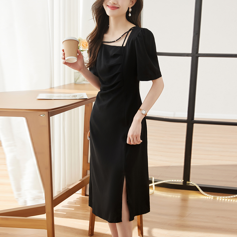 Split A-line Korean style square collar summer dress