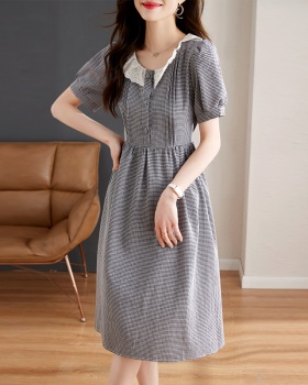 Round neck short sleeve lace summer high waist buckle dress