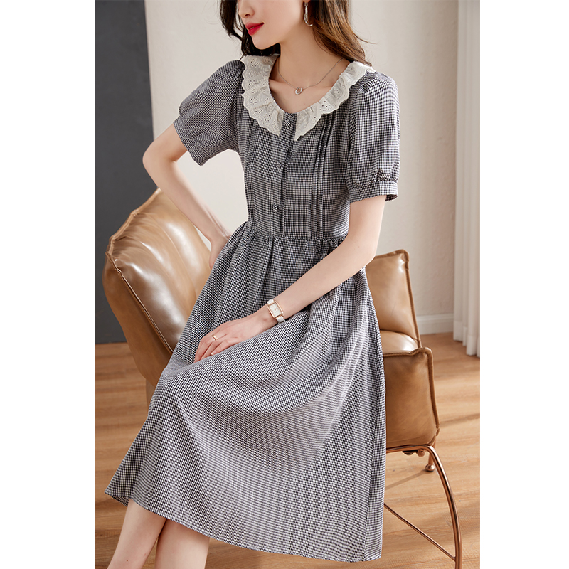 Round neck short sleeve lace summer high waist buckle dress