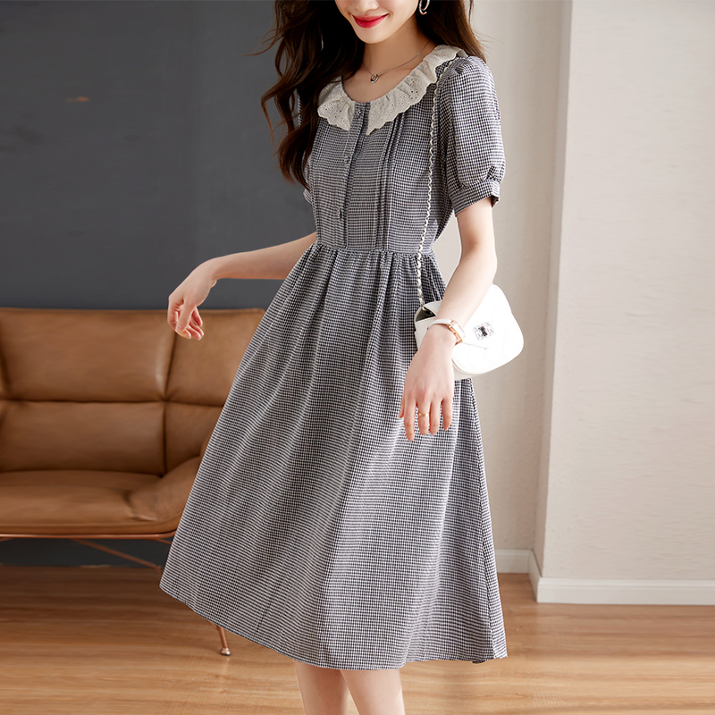 Round neck short sleeve lace summer high waist buckle dress