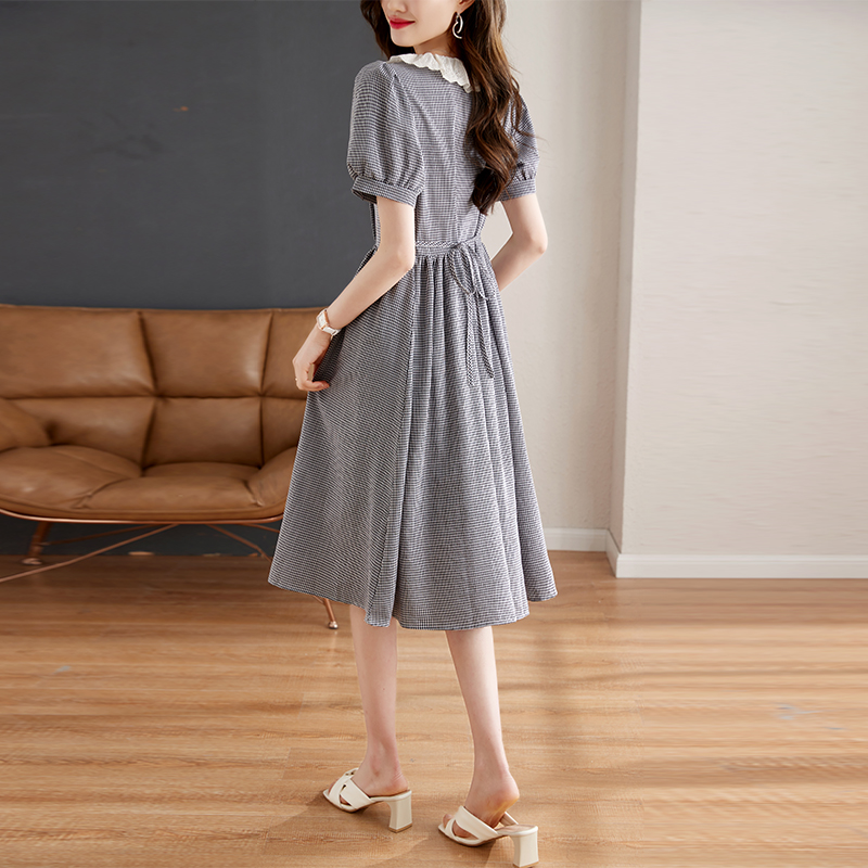Round neck short sleeve lace summer high waist buckle dress