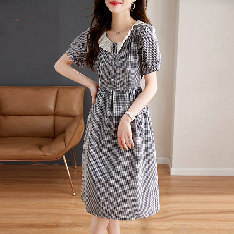 Round neck short sleeve lace summer high waist buckle dress