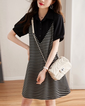 Mixed colors short A-line dress short sleeve stripe shirt
