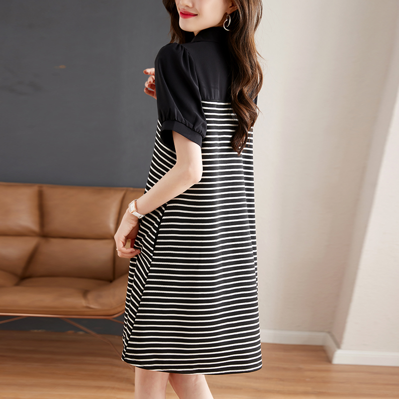 Mixed colors short A-line dress short sleeve stripe shirt
