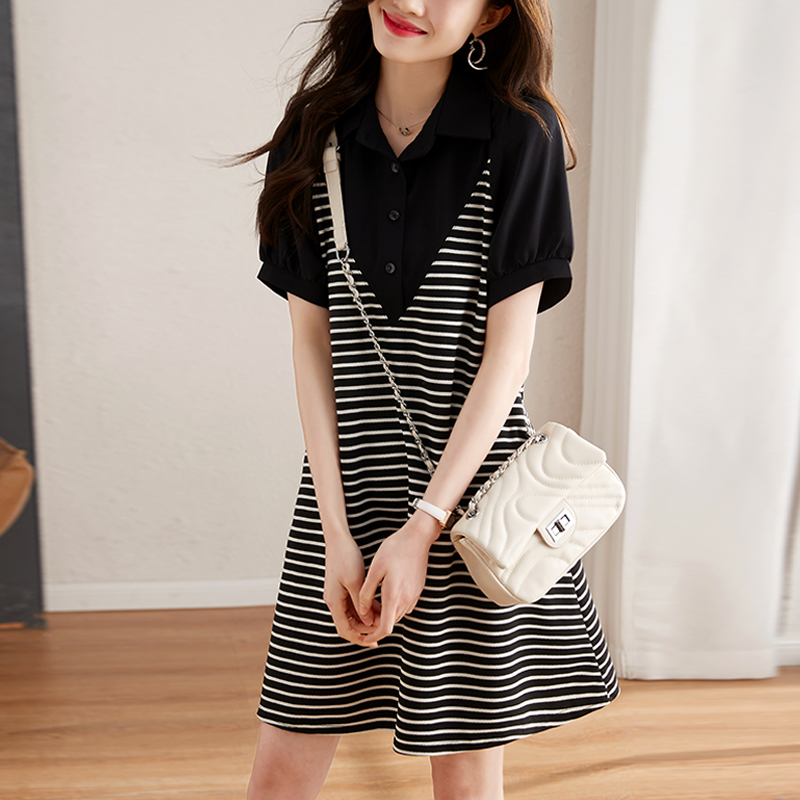 Mixed colors short A-line dress short sleeve stripe shirt