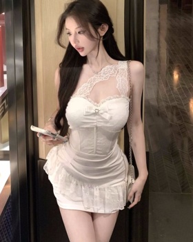 White lace sexy pinched waist halter dress for women