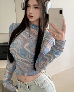 Retro tie dye tops half high collar gauze T-shirt