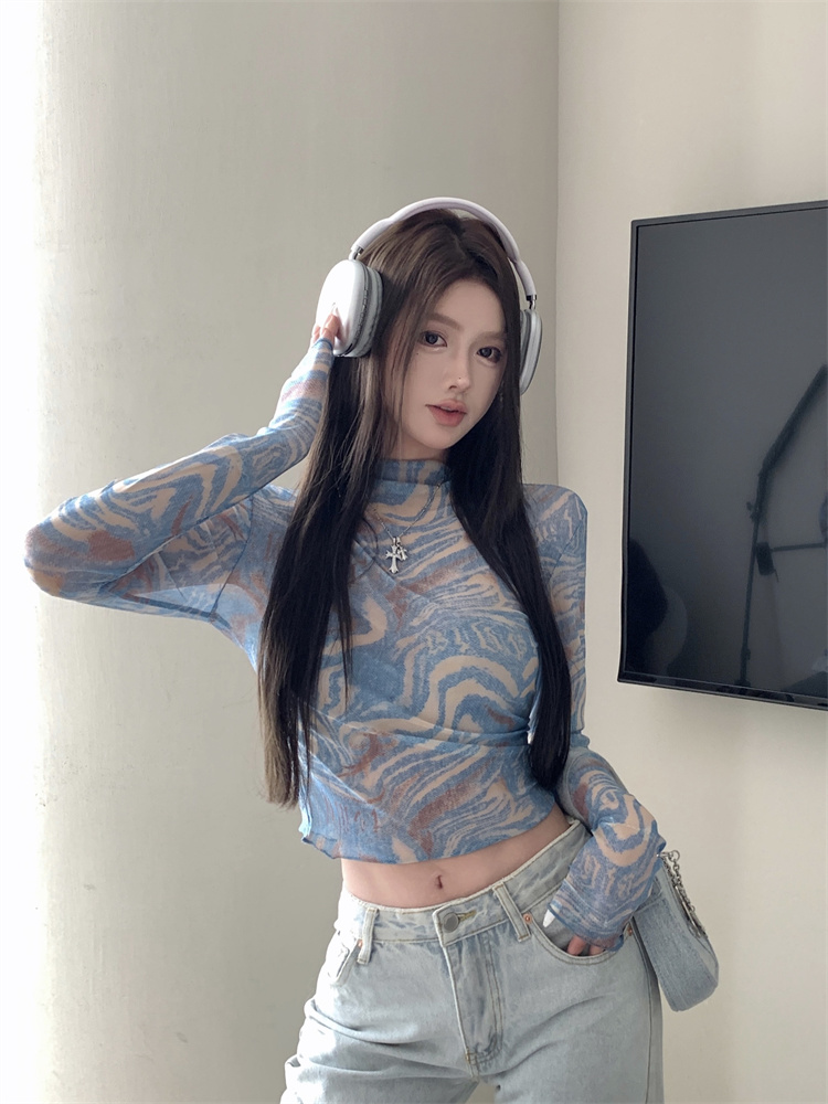 Retro tie dye tops half high collar gauze T-shirt