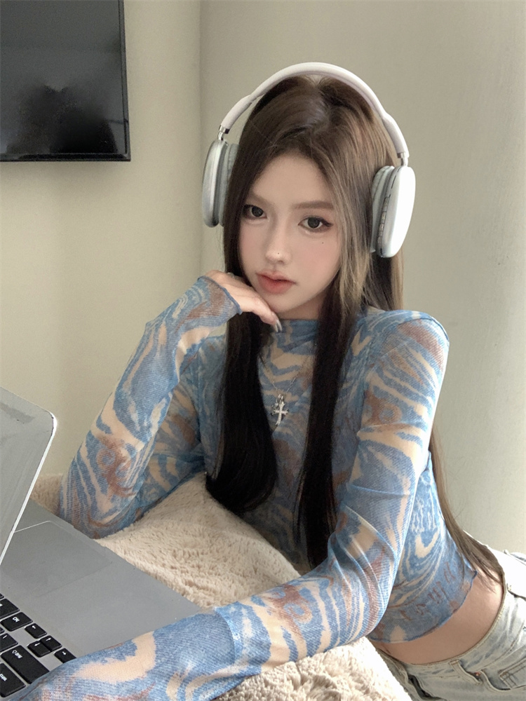 Retro tie dye tops half high collar gauze T-shirt