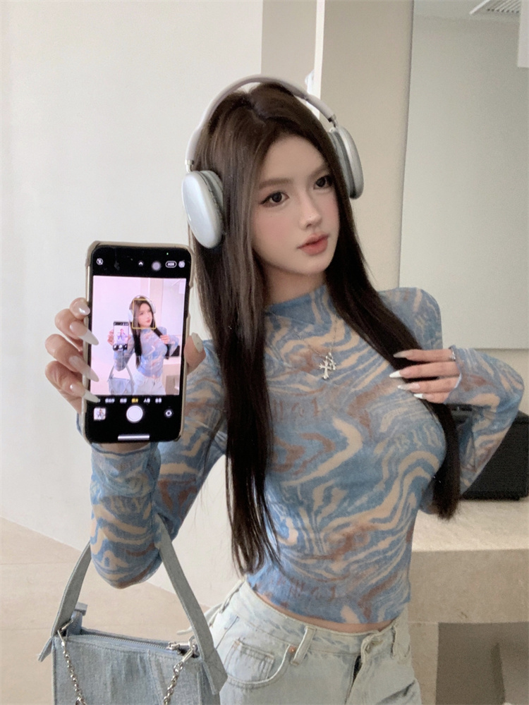 Retro tie dye tops half high collar gauze T-shirt