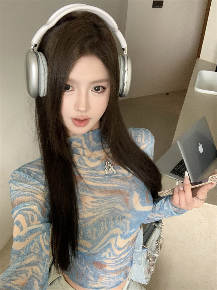 Retro tie dye tops half high collar gauze T-shirt