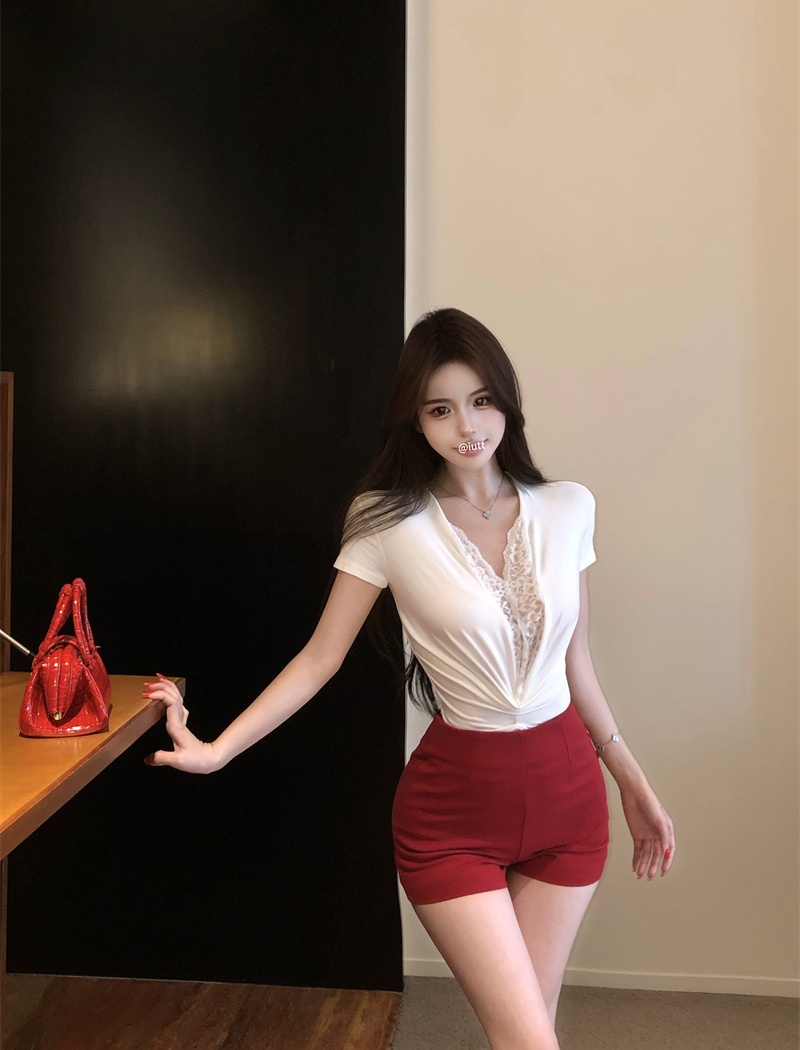 Spicegirl white tops lace V-neck T-shirt for women