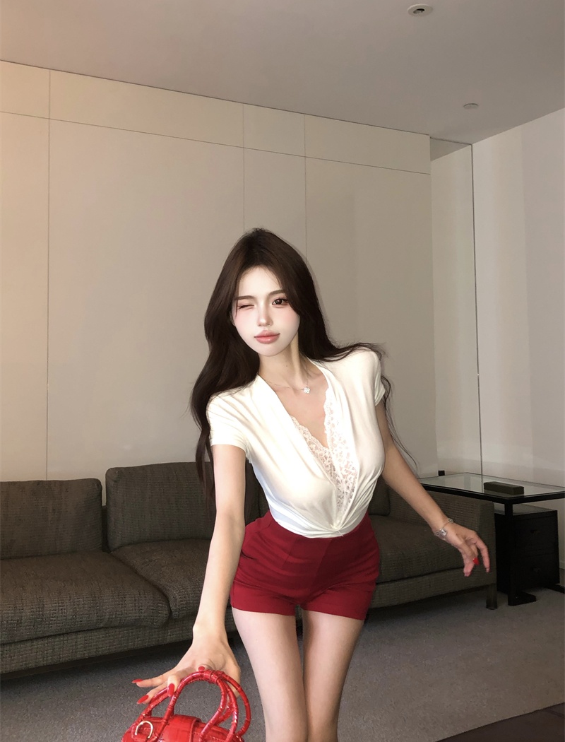 Spicegirl white tops lace V-neck T-shirt for women