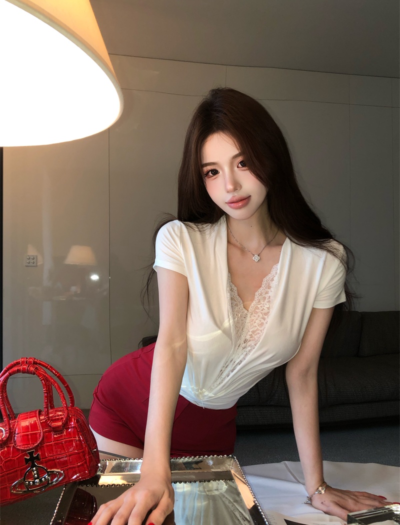 Spicegirl white tops lace V-neck T-shirt for women