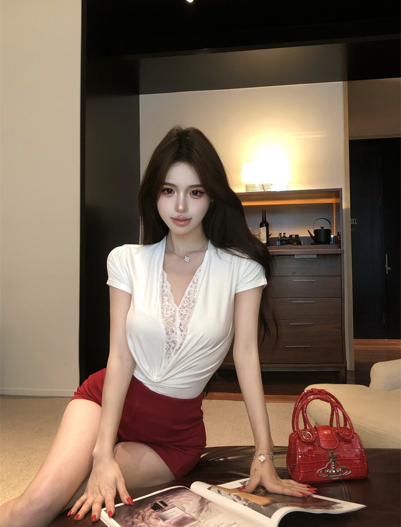 Spicegirl white tops lace V-neck T-shirt for women