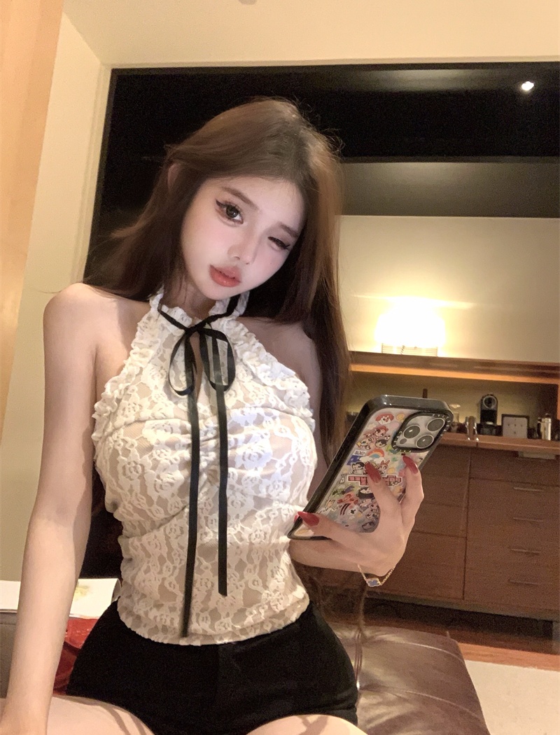Bottoming sexy sling vest frenum lace slim tops