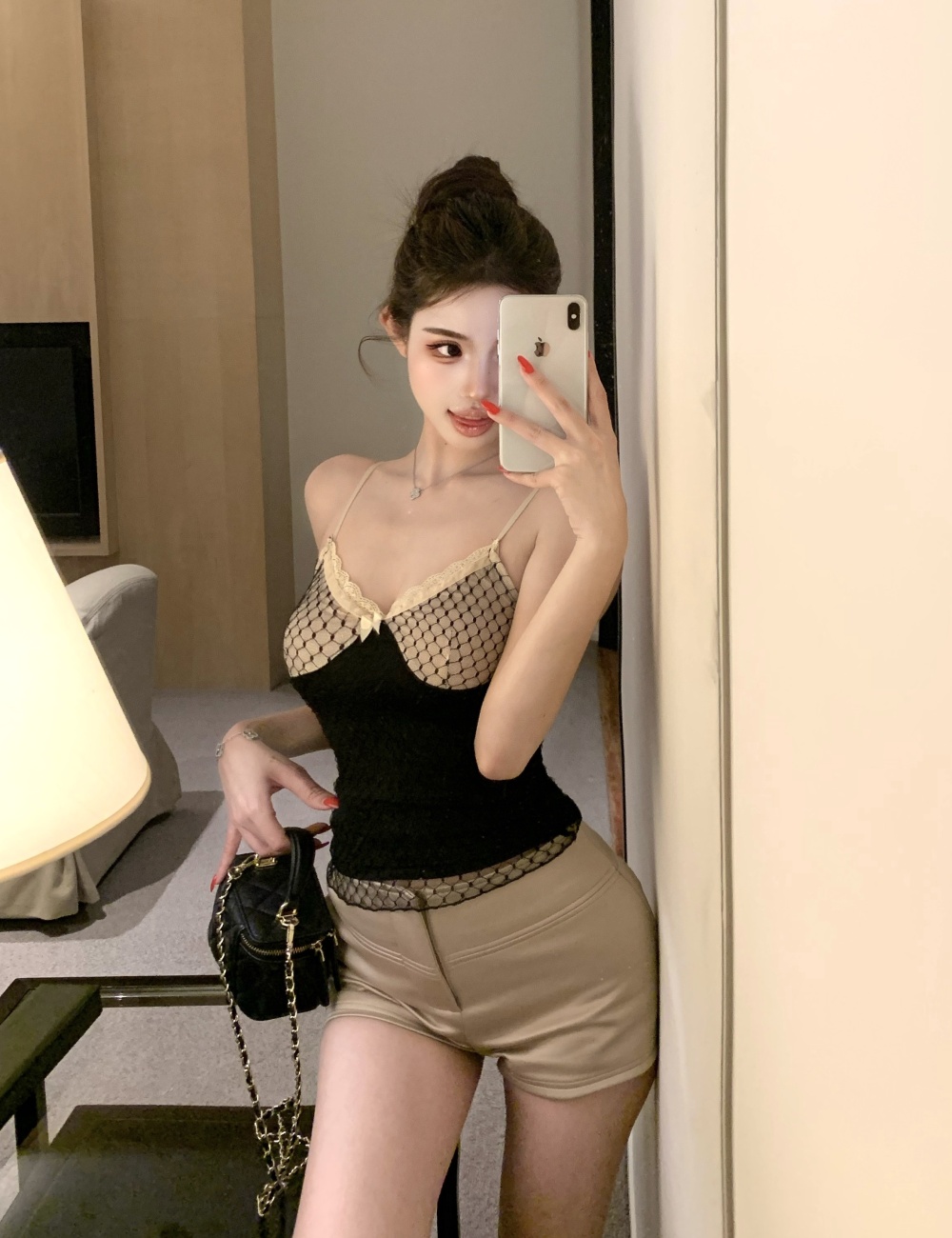 Sling lace pinched waist tops splice slim vest for women