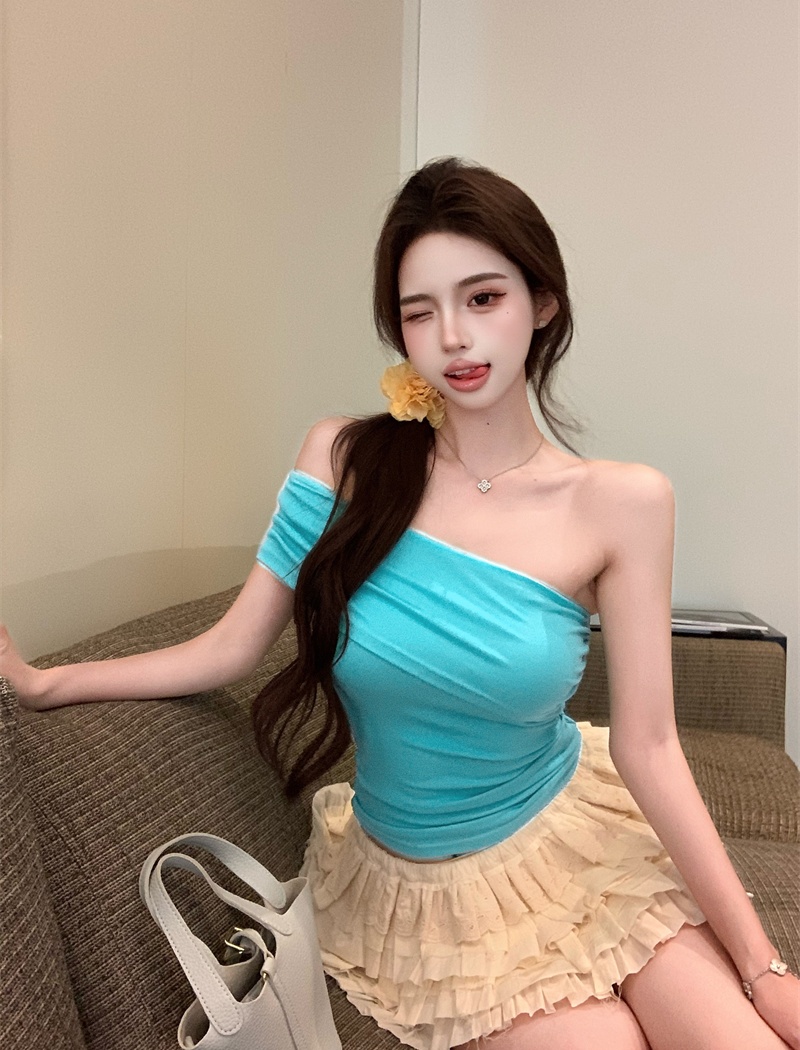 Short sleeve sloping shoulder T-shirt green sexy tops