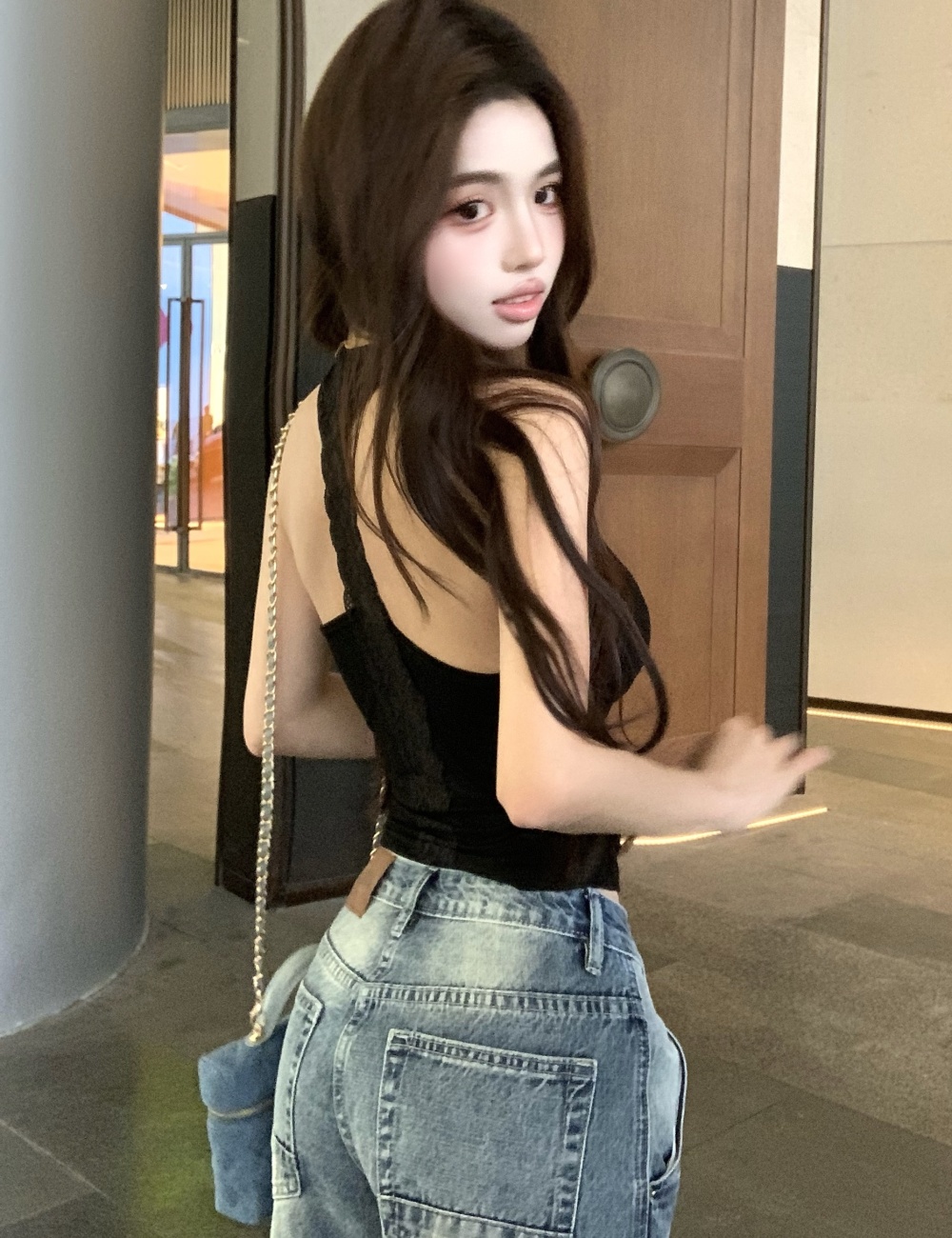 Hollow halter stitching lace vest