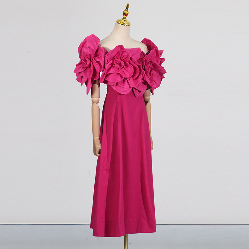 Pinched waist stereoscopic long dress summer flowers dress