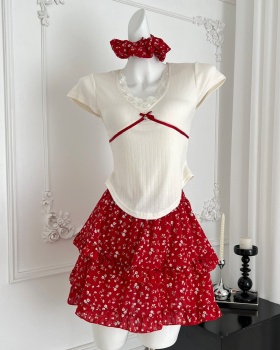 Summer T-shirt red short skirt 2pcs set for women