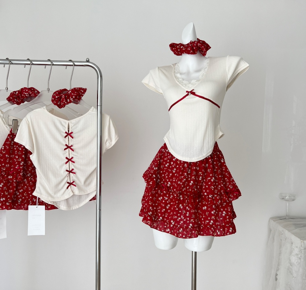 Summer T-shirt red short skirt 2pcs set for women