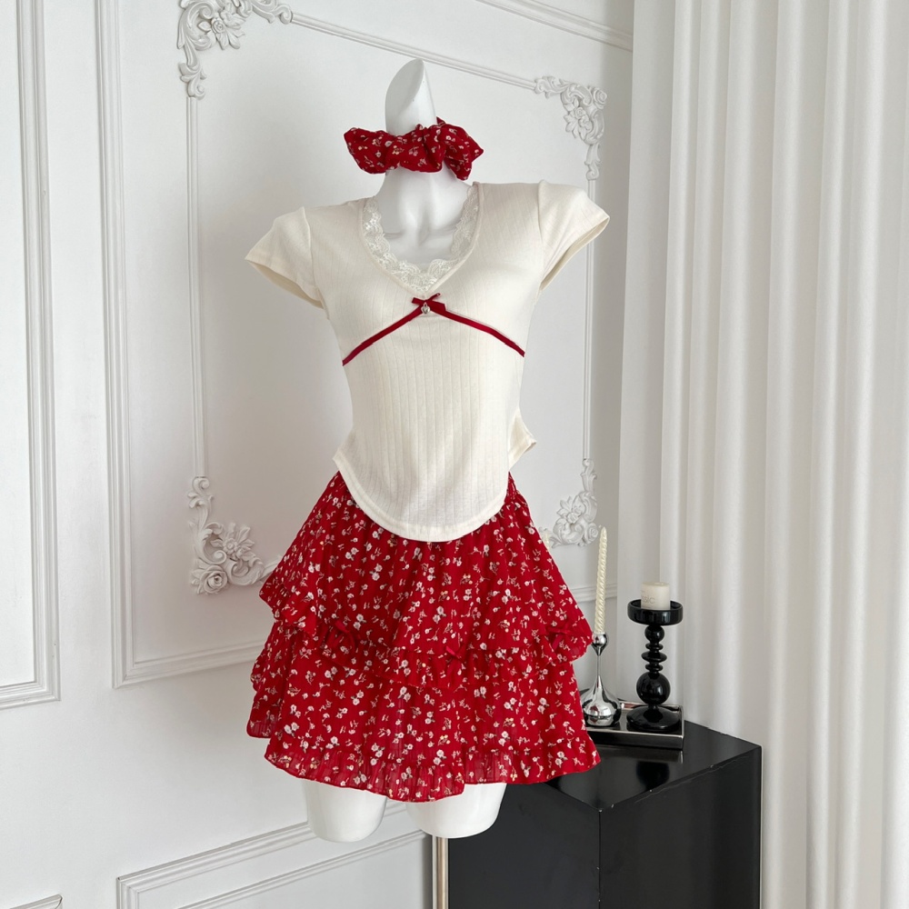 Summer T-shirt red short skirt 2pcs set for women