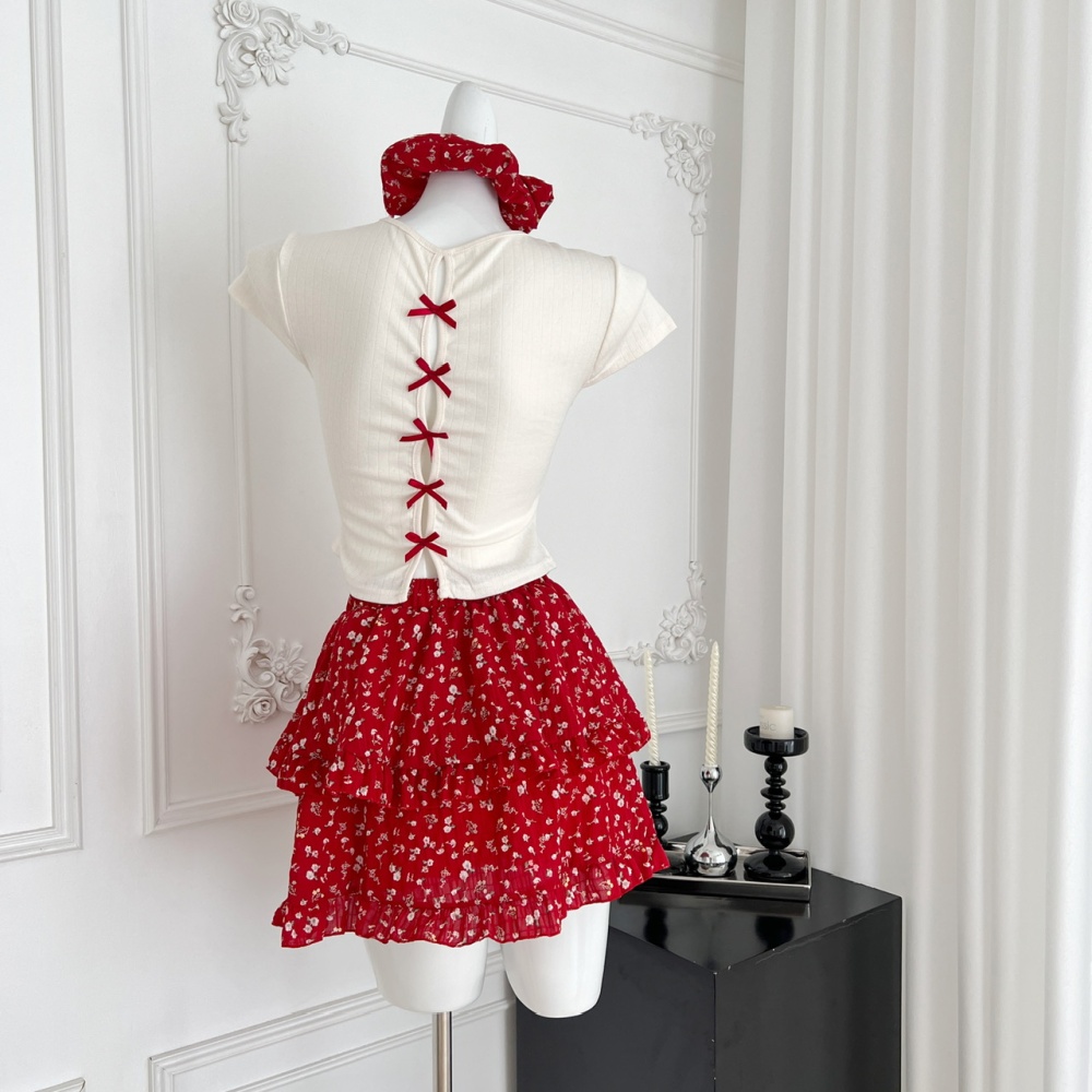 Summer T-shirt red short skirt 2pcs set for women