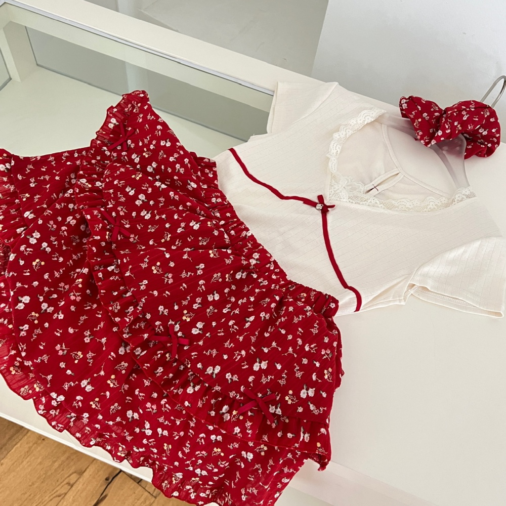 Summer T-shirt red short skirt 2pcs set for women