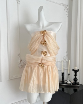 Gauze flat shoulder temperament slim dress