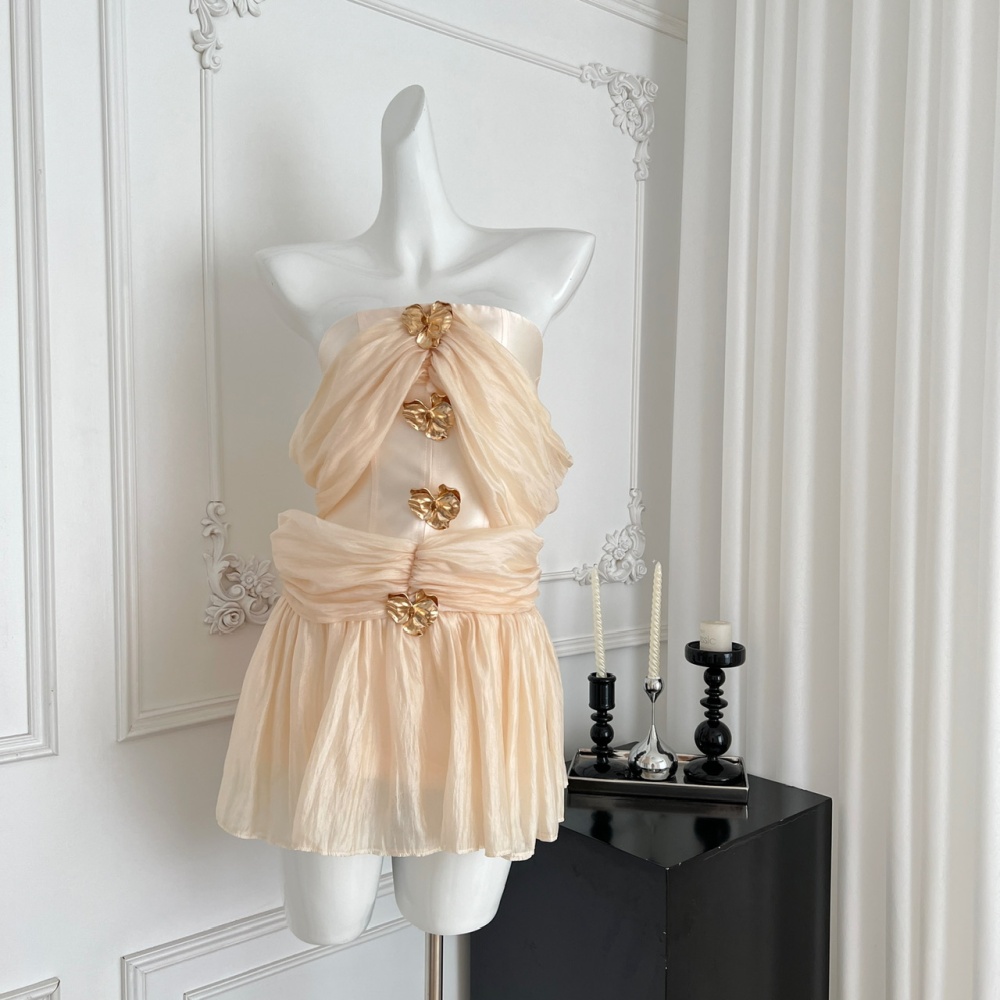 Gauze flat shoulder temperament slim dress