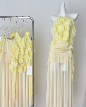 Rose lotus leaf edges dress summer skirt 2pcs set