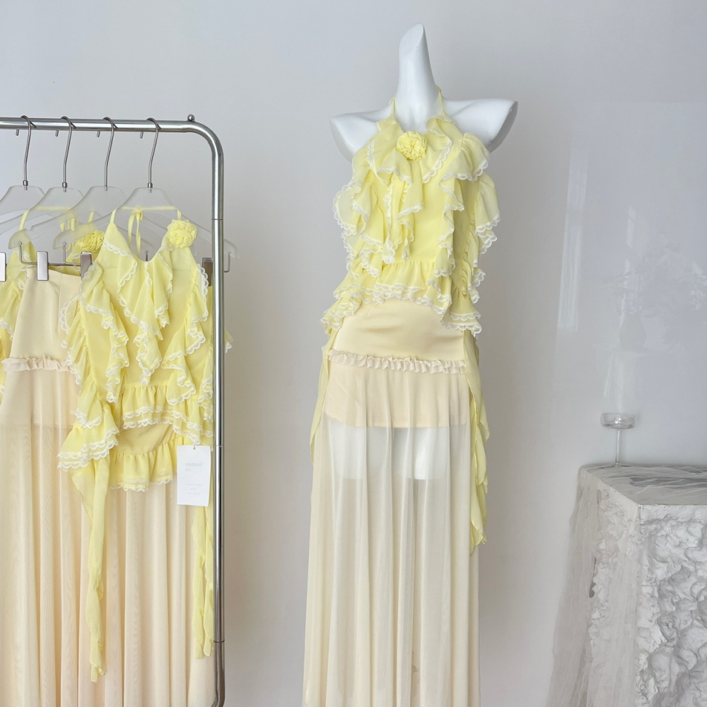 Rose lotus leaf edges dress summer skirt 2pcs set