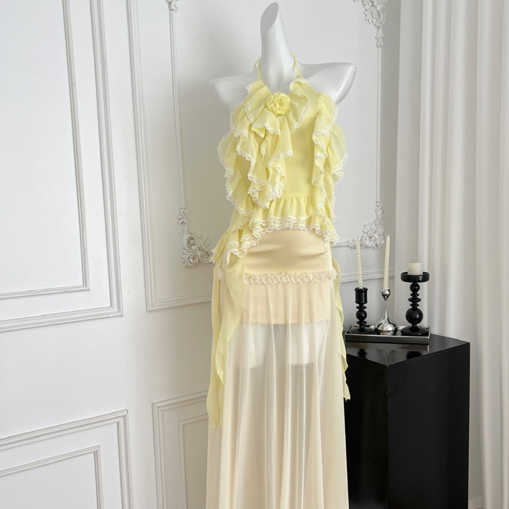 Rose lotus leaf edges dress summer skirt 2pcs set