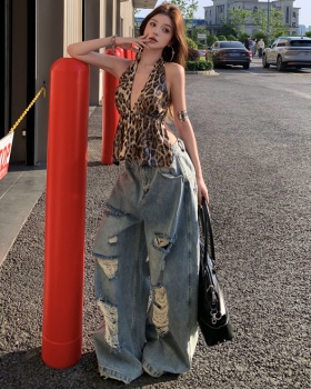 Sexy sequins holes loose tops halter street spicegirl jeans a set