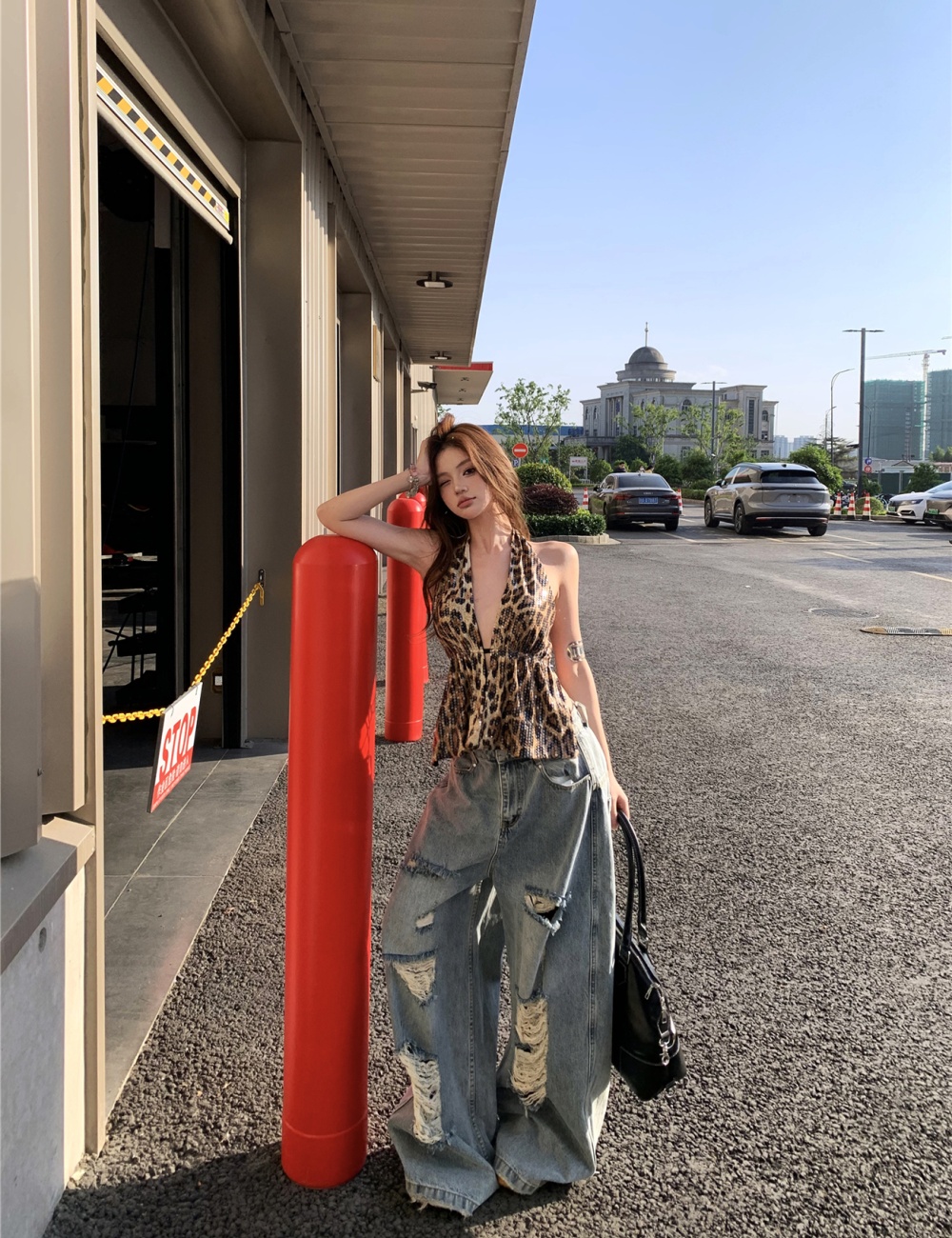 Sexy sequins holes loose tops halter street spicegirl jeans a set