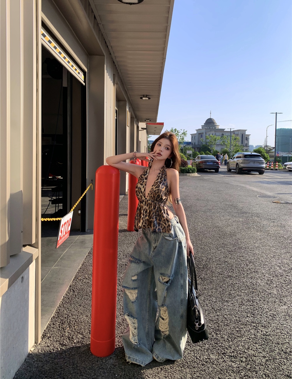 Sexy sequins holes loose tops halter street spicegirl jeans a set